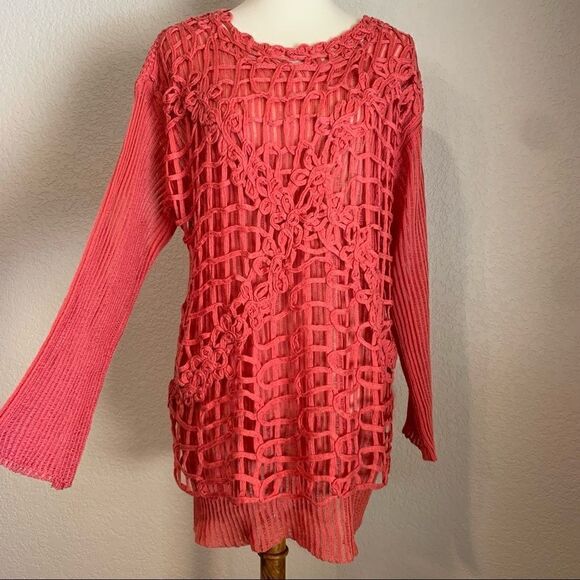 VTG Coral Sheer Floral Overlay Sweater OS Sonia - Picture 1 of 16